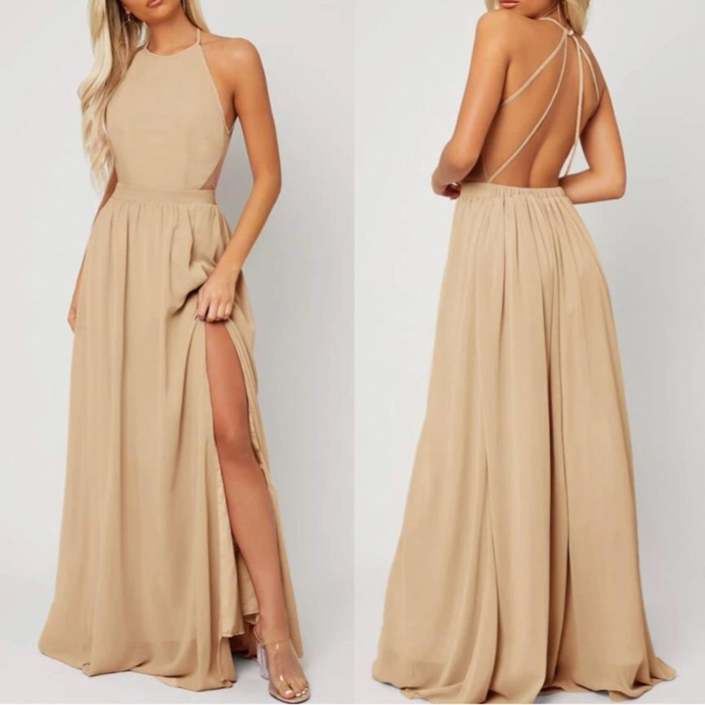 Luxe champagne open back maxi dress